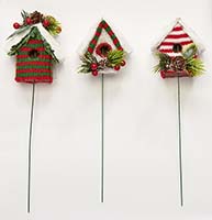 3" Holiday Decorated Birdhouse on 7" Pick, 3 Assorted