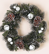 17" Snowy Pine Wreath w/Cones & Bells