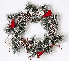 22" Snowy Pine Wreath w/ Cardinals & Snowflakes on Natural Twig Base