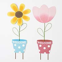 29" Metal Tulip and Daisy in Pot Yard Stake, 2 Assorted