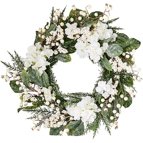 22" White Artificial Christmas Hydrangea And Foliage Wreath