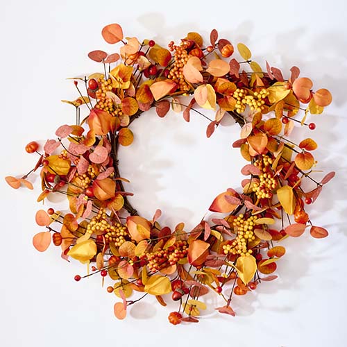 22" Artificial Fall Leaves And Chinese Lanterns Wreath On Iron Wire Base