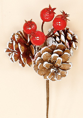 3" White Tip Pine Cone Pick X 3 With Weatherproof Berries