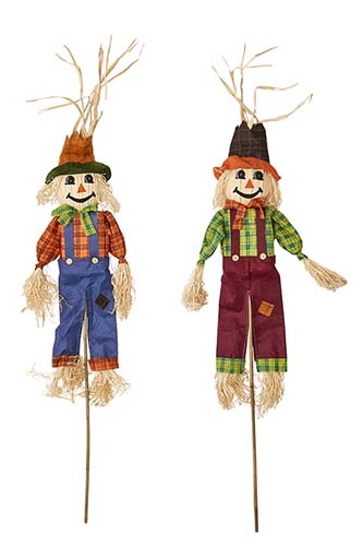 48" Scarecrow With Straw Face On Stick, 2 Asst