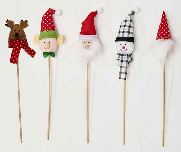 15" Holiday Figures on Wood Pick, 5 Asst