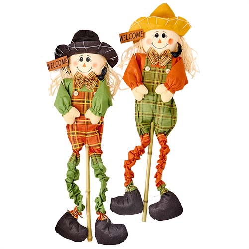 48" Squiggly Leg Scarecrow With Welcome Sign On Stick, 2 Assorted