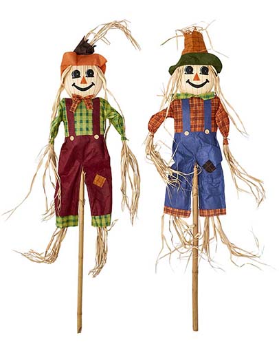 60" Scarecrow With Straw Face On Pole, 2 Asst