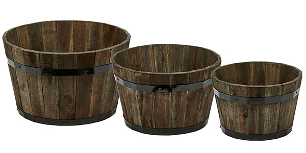 Wood Barrel Planter with Brown Oil, 18", 16", 13"
