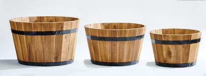 Wood Barrel Planters with Oil, 18", 16", 13", Light Brown