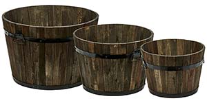 Wood Barrel Planters with Brown Oil, 22",18",15"