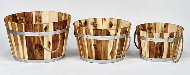 Natural Acacia Wood Barrel Planters w/ Ropes Handles Diameter 21", 16", 13" 