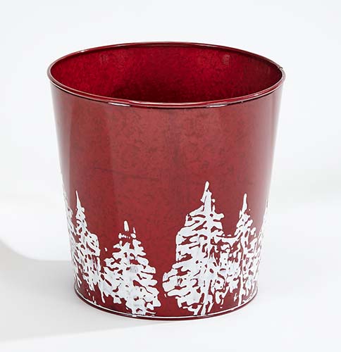Red Galvanized Planter with Tree Design 9.25" Height, 9.5" Width