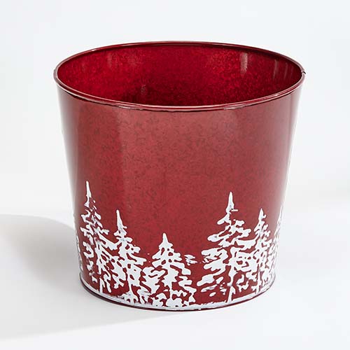 Red Galvanized Planter with Tree Design 10.5" Height, 12" Width