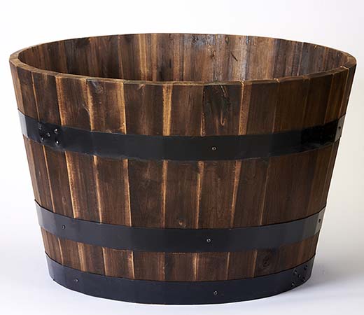 Large Acacia Wood Barrel Planter Burnt Finish, 25" Width, 16" Height