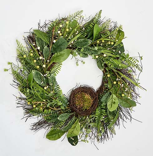 24" Green Leaves Berries & Nest Wreath on Natural Twig Base