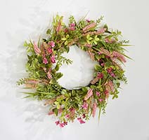 22" Pink Heather & Green Leaves Wreath on Natural Twig Base