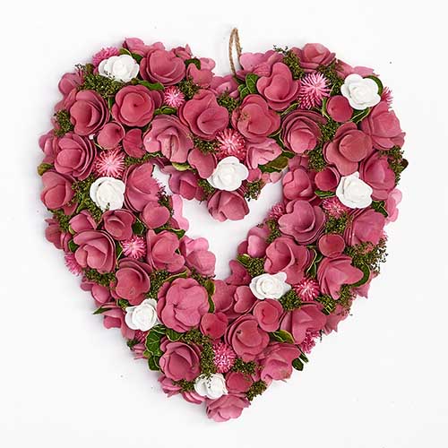 15" Valentines Pink Curl Heart Wreath With Mini Roses