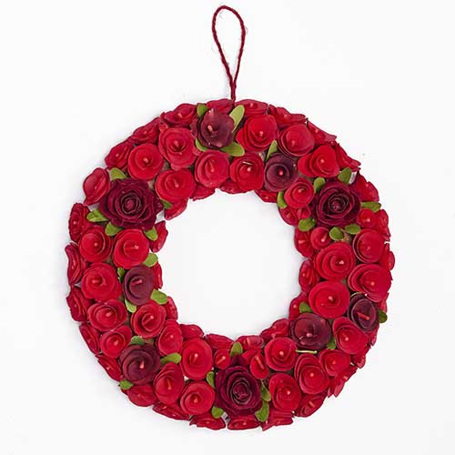 16" Red Valentines Wood Curl Wreath With Roses
