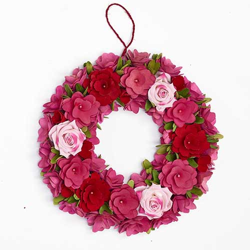 16" Red Wood Curl Wreath With Pink Roses