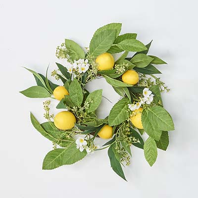17" Lemon, Green Leaves and White Flowers Wreath