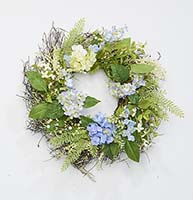 22" Blue Hydrangea and Green Leaves Wreath