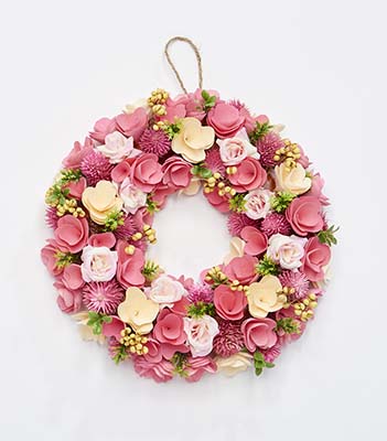 12" Valentines Pink Flower and Wood Curl Wreath