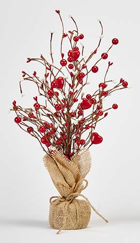 18" Valentines Red Hearts and Berries Tree in Weighted Burlap