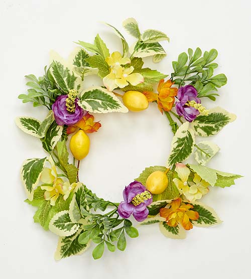 13" Lemon, Flowers & Green Leaves Candle Ring