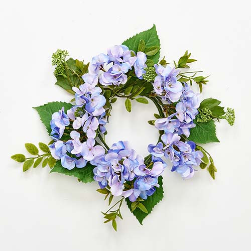 13" Purple Hydrangea Wreath with Green Leaves