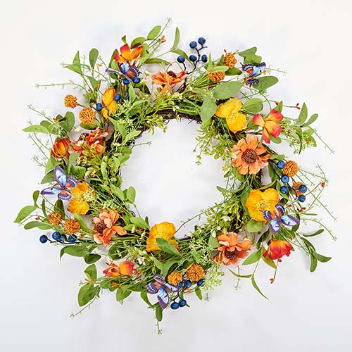 26" Spring Butterflies Flowers and Berries Wreath on Natural Twig Base