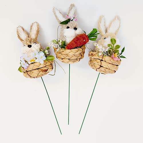 4" Easter Sisal Bunny in Basket on 5.5" Wire Pick, 3 Assorted