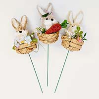 4" Easter Sisal Bunny in Basket on 5.5" Wire Pick, 3 Assorted