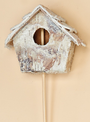 3.5" Frosted Birch Birdhouse on 10" Pick