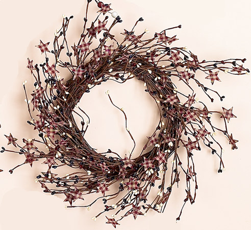 15" Pip Berry & Fabric Checked Stars Wreath