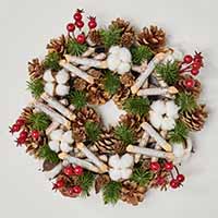 12" Artificial Birch Log Wreath w/ Pine Cones, Cotton & Berries