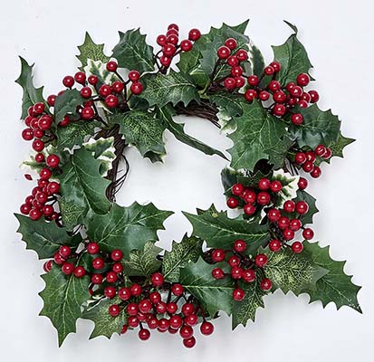 6.5" Berry Candle Ring w/ Holly Leaves on Natural Twig Base