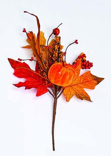 12" Velvet Pumpkin Pick w/ Leaves