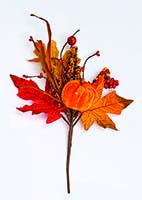 12" Velvet Pumpkin Pick w/ Leaves