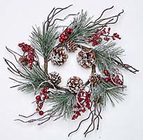 4.25" FROSTED PINE CANDLE RING W/TWIGS & BERRY