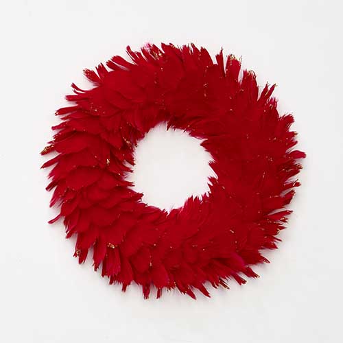 14" Feather Wreath w/ Glitter Tips, Red