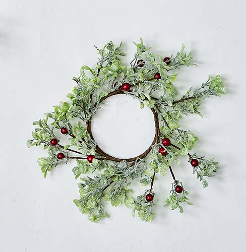 4.25" Green Leaves and Red Berries Candle Ring - CLOSEOUT