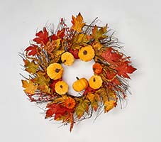 22" Velvet Pumpkins & Maple Leaves on Wild Twig Wreath - Closeout