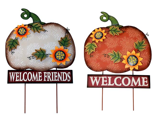 28" Metal Welcome Pumpkin Stake, 2 Asst