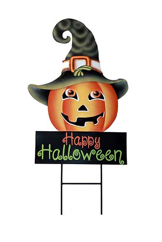 27" Happy Halloween Metal Jack O Lantern Stake