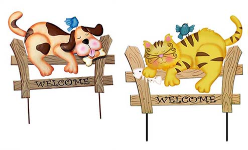 21" Welcome Cat & Dog Sleeping on Fence Stakes, 2 Assorted