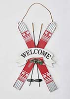 31' Wood & Tin Hanging Skis Welcome Sign