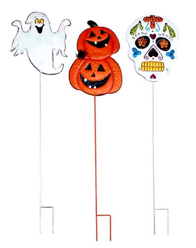 34.5" Ghost, Pumpkin, Skull Metal Yard Stake, 3 Asst 