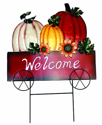 24" Metal Welcome Pumpkins in a Cart Stake