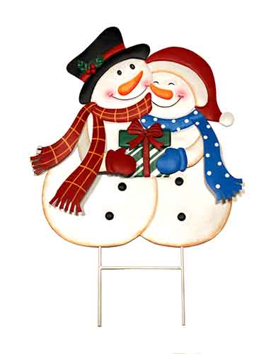 26" Metal Hugging Snowman Couple Stake