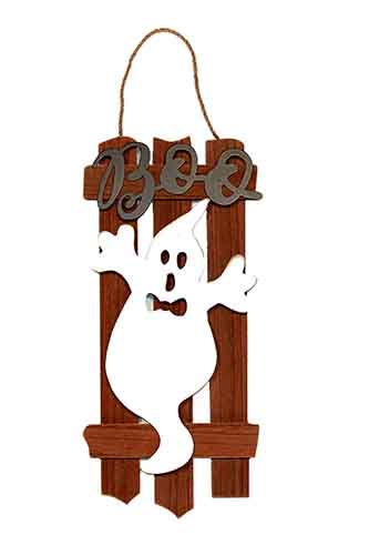 17" Halloween Wood Hanging Ghost on Fence Sign